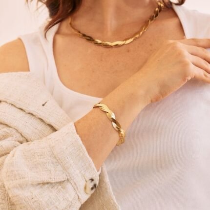 18K Fine Wave Chain Necklace Bracelets Set