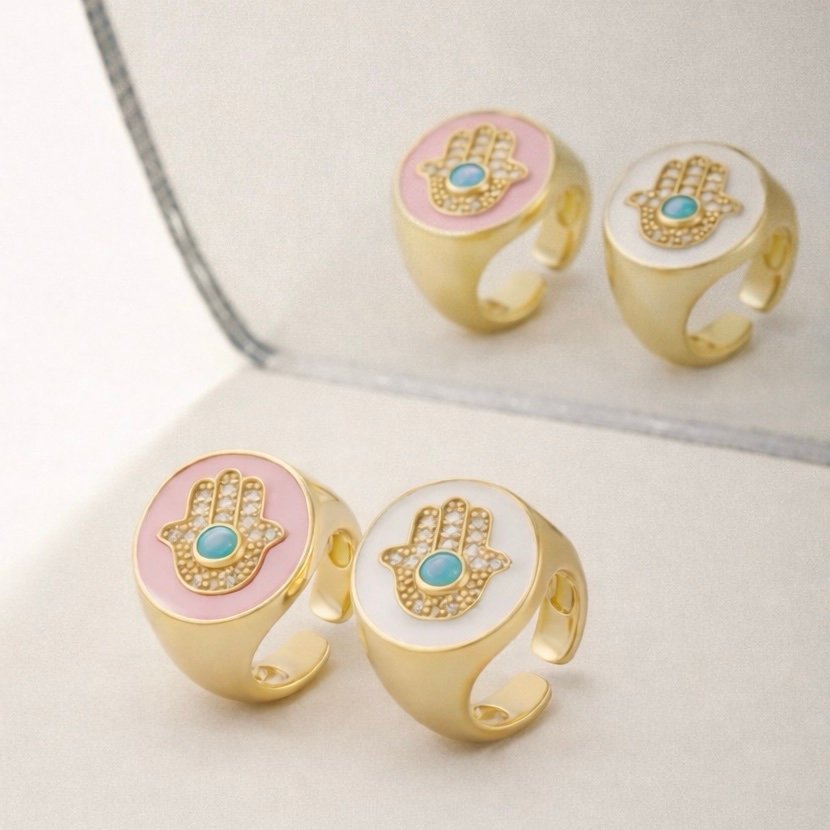 548313b1-685c-4d68-95e5-b1b379371ce7 Hamsa hand ring stainless steel adjustable - Image 1