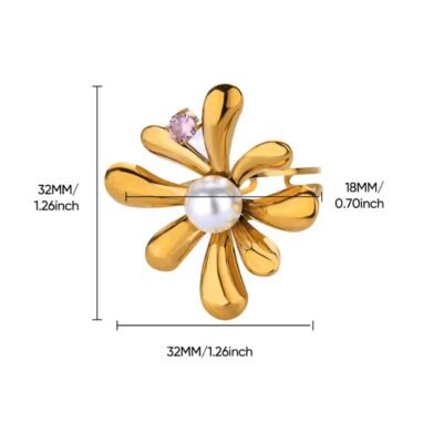 Golden flower with pearl stainless steel adjustable ring - Image 2