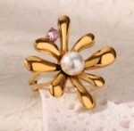 Golden flower with pearl stainless steel adjustable ring